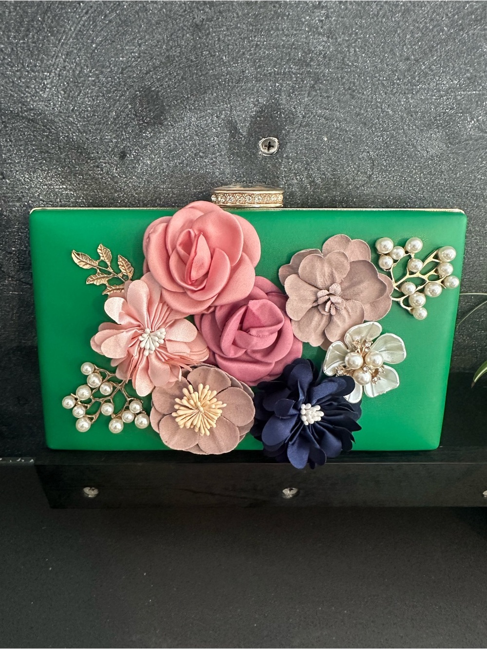 Milisente Green Floral Applique Evening Clutch NWT